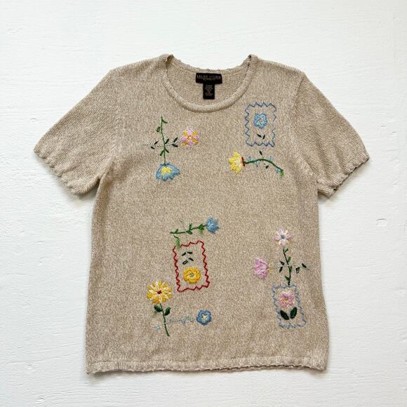 Vintage 90s Salon Studio Embroidered Knit Short Sleeve Sweater, Size XL - Picture 1 of 8